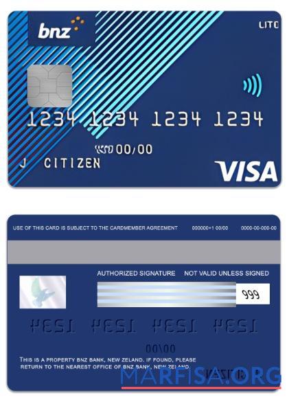 Printable New Zeland BNZ Bank lite visa card sample